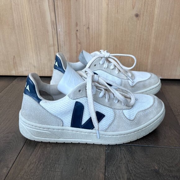 Veja V-10 Sneakers EU Size 35 White Beige Gray Navy Mesh Eco-Friendly - Picture 4 of 7